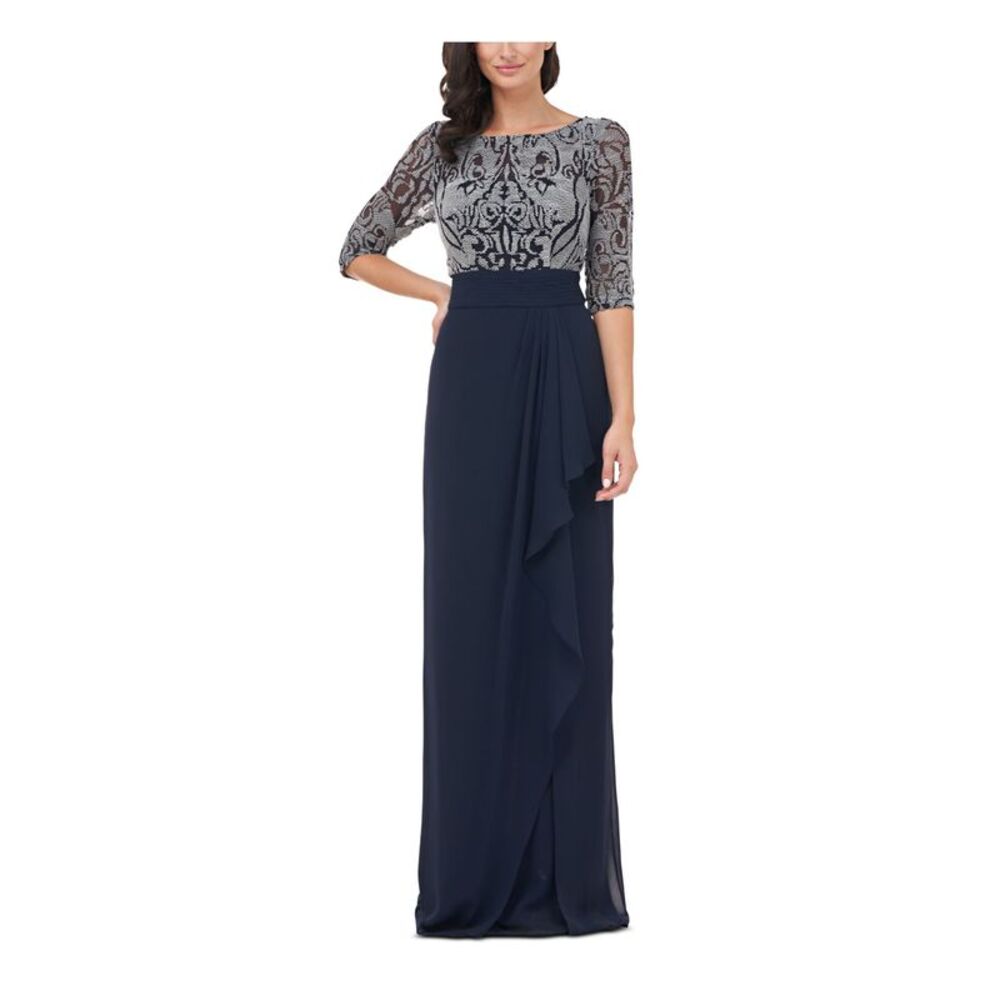 NWT JS COLLECTION Womens Navy Faux Wrap Skirt Elbow Sleeve Formal Gown Dress 10